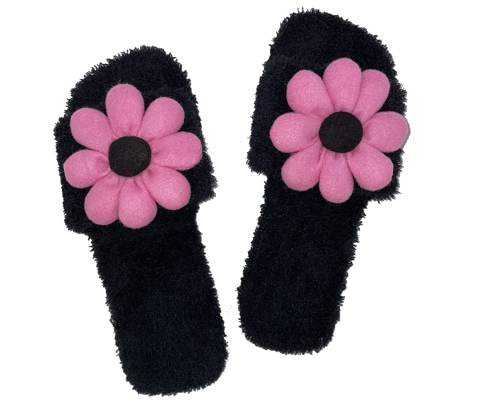 Casual LFO34 US 08 Flower Design Daily Wear Soft Flat Home Slippers for Women - Black - Zoom Image