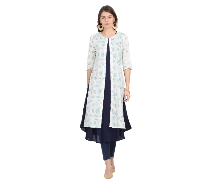 Kaia SK01DK0013WHB009 Large Long Kurta with Detachable Top for Women - White and Blue - Zoom Image 1