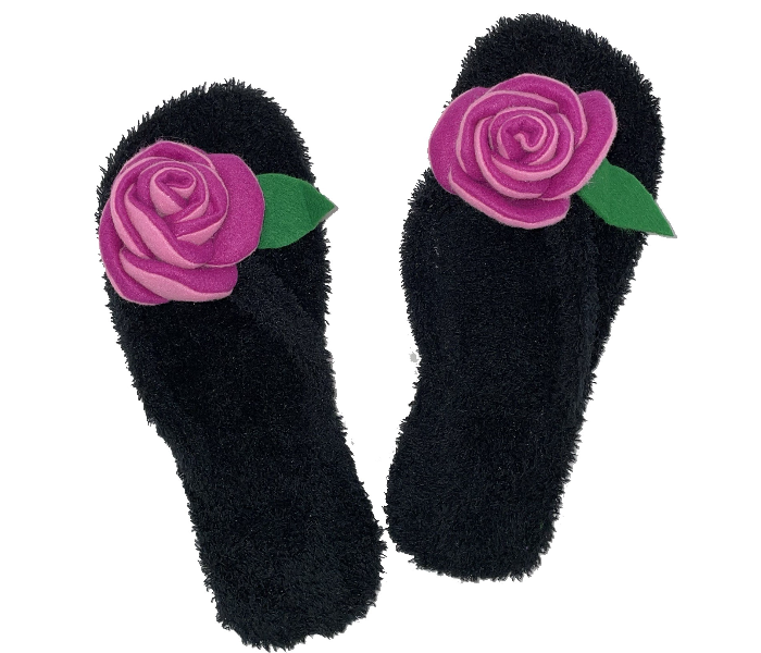 Casual LFV104 US 10 Flower Design Daily Wear Soft Flat Home Slippers for Women - Black and Pink - Zoom Image