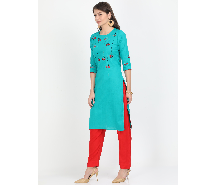 Kaia SK01LK0022SBL001 Small Blue Cotton Embroidered Top with Red Rayon Pant for Women - Zoom Image 2