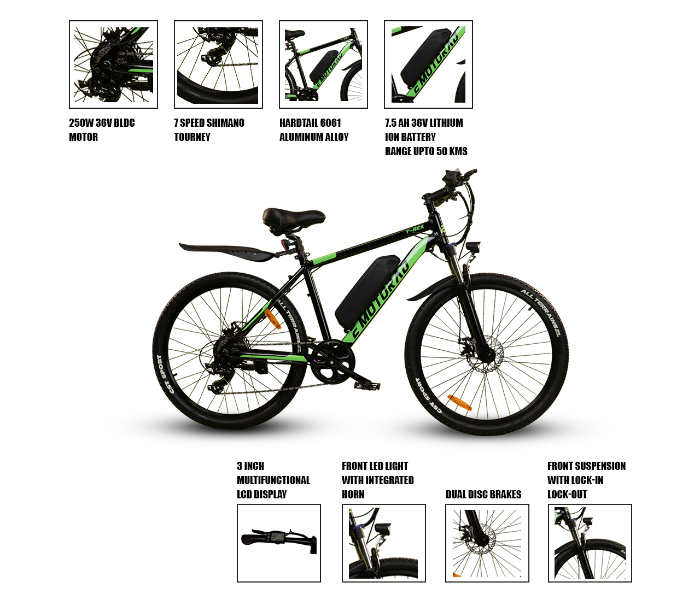 E-Motorad T-REX 250W Mountain Bike - Black and Green - Zoom Image 6