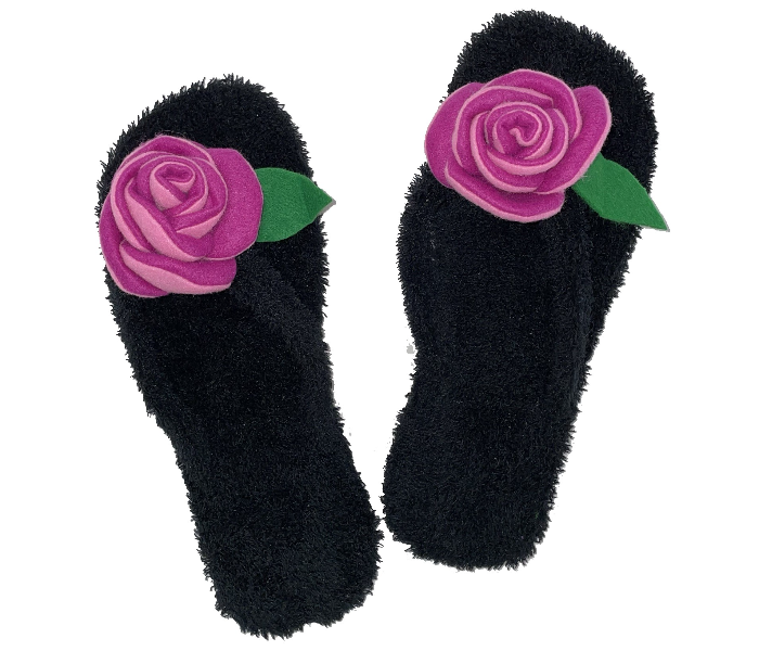 Casual LFV104 US 09 Flower Design Daily Wear Soft Flat Home Slippers for Women - Black and Pink - Zoom Image