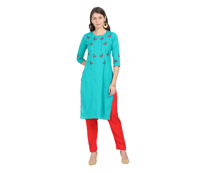 Kaia SK01LK0022SBL001 Large Blue Cotton Embroidered Top with Red Rayon Pant for Women - Zoom Image 1