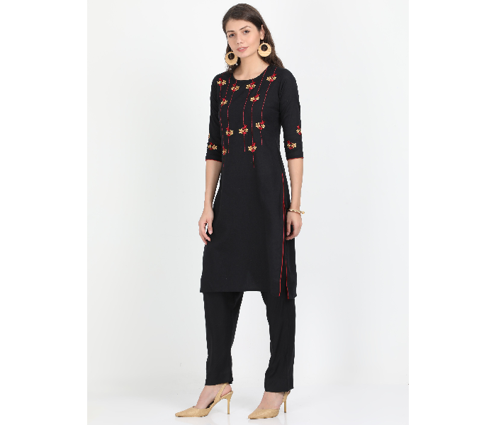 Kaia SK01LK0021BLK001 XXL Black Cotton embroidered Kurta with Rayon Black Pant for Women - Zoom Image 2