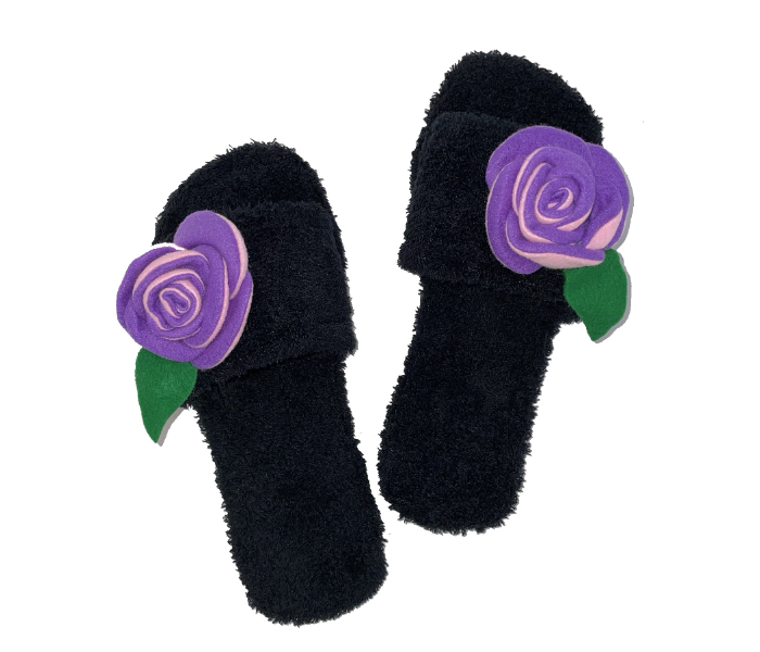 Casual LFO37 US 07 Flower Design Daily Wear Soft Flat Home Slippers for Women - Black - Zoom Image