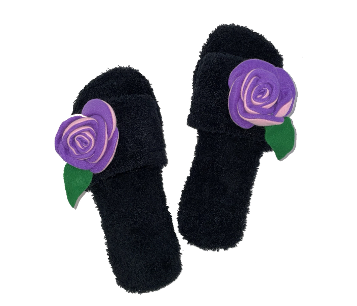 Casual LFO37 US 08 Flower Design Daily Wear Soft Flat Home Slippers for Women - Black - Zoom Image