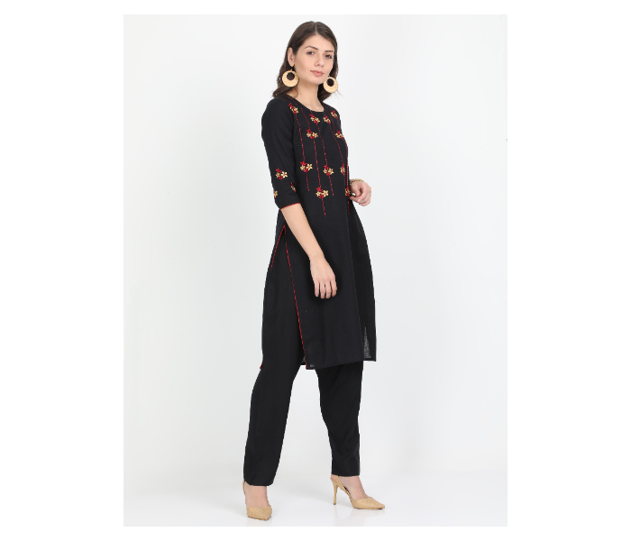 Kaia SK01LK0021BLK001 Medium Black Cotton embroidered Kurta with Rayon Black Pant for Women - Zoom Image 4