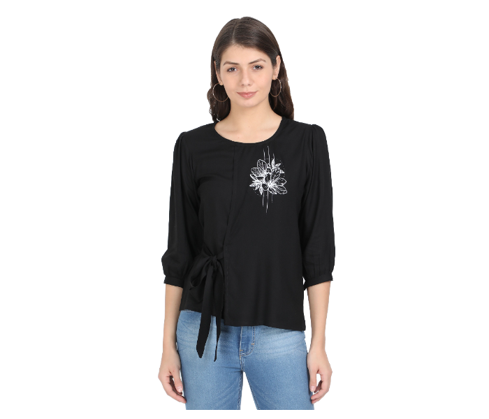 Kaia SK01ST0008BLK005 Medium Single Flower Print Casual Short Top for Women - Black - Zoom Image 1