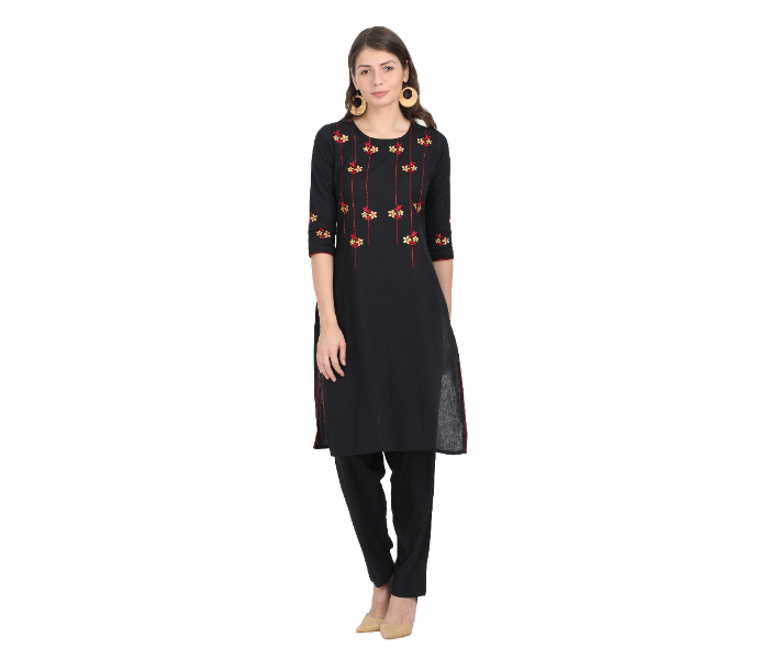 Kaia SK01LK0021BLK001 Large Black Cotton embroidered Kurta with Rayon Black Pant for Women - Zoom Image 1