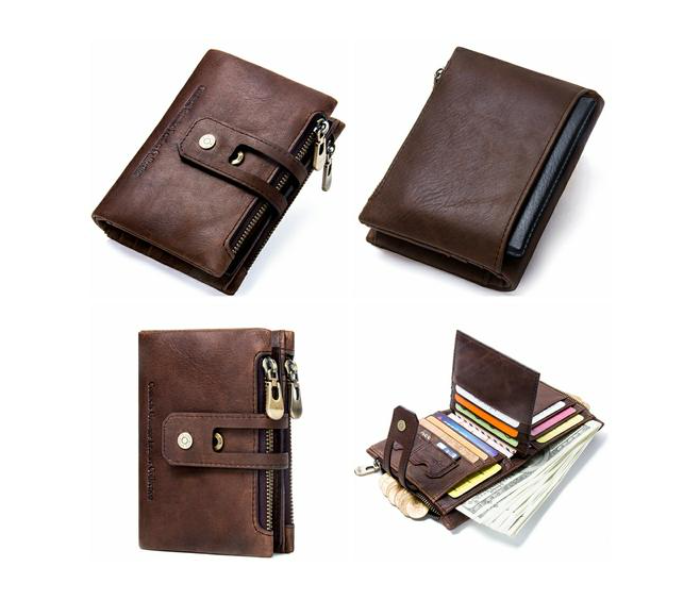 Contacts Genuine Leather Bifold Vertical Wallet with Zip Pocket for Men M1238 - Coffee - Zoom Image