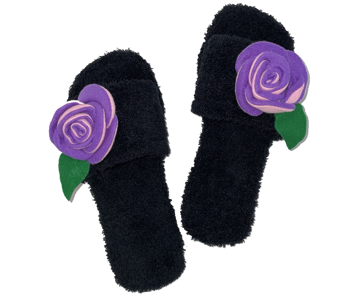 Casual LFO37 US 09 Flower Design Daily Wear Soft Flat Home Slippers for Women - Black - Zoom Image