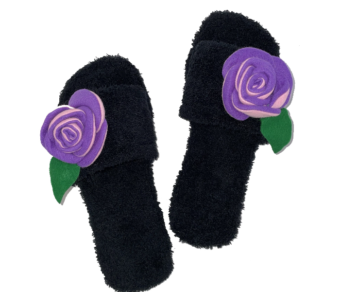 Casual LFO37 US 10 Flower Design Daily Wear Soft Flat Home Slippers for Women - Black - Zoom Image