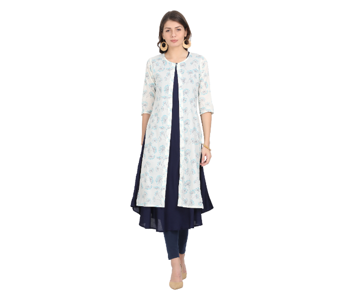 Kaia SK01DK0013WHB009 XXL Long Kurta with Detachable Top for Women - White and Blue - Zoom Image 1