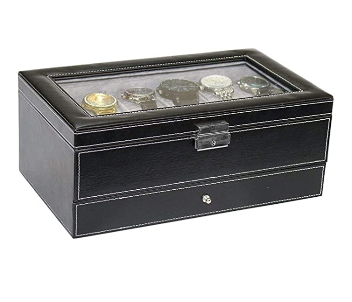 Double Layer 12 Slot Faux Leather Watch Jewelry Storage Box with Drawer Case - Black - Zoom Image 4