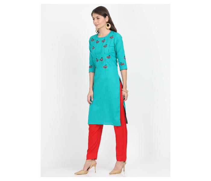 Kaia SK01LK0022SBL001 XXL Blue Cotton Embroidered Top with Red Rayon Pant for Women - Zoom Image 2