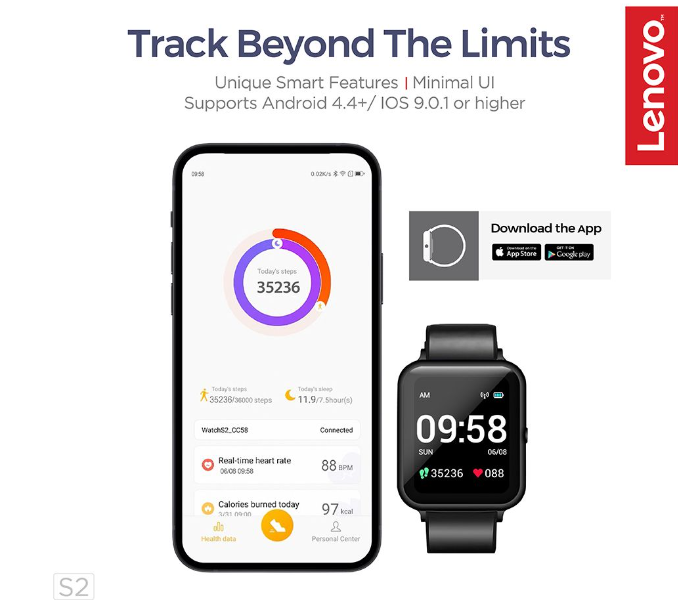 Lenovo S2-BK Lenovo Smartwatch S2 Global Version 9 Advanced Distinct Workout Modes Includes Running, Walking, Swimming - Black - Zoom Image 6