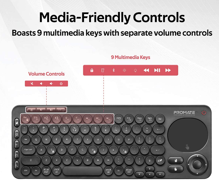 Promate Multi-Function Wireless Bluetooth Keyboard with Touch Pad - Black - Zoom Image 4