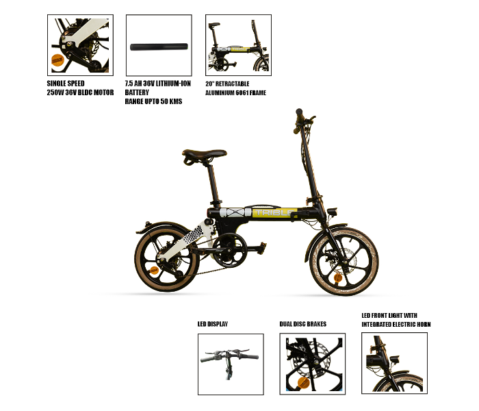 E-Motorad Trible 250W Lightweight Tri-Folding eBike - Black and Yellow - Zoom Image 7