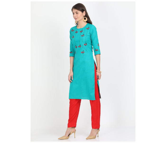 Kaia SK01LK0022SBL001 Large Blue Cotton Embroidered Top with Red Rayon Pant for Women - Zoom Image 2