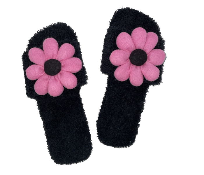 Casual LFO34 US 09 Flower Design Daily Wear Soft Flat Home Slippers for Women - Black - Zoom Image