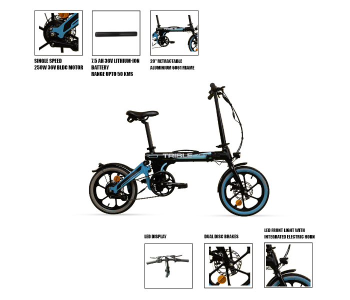 E-Motorad Trible 250W Lightweight Tri-Folding eBike - Black and Blue - Zoom Image 6