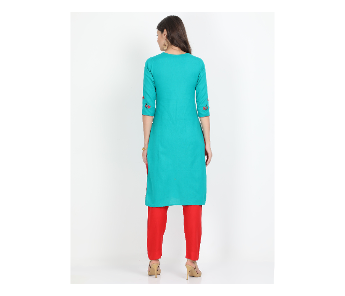 Kaia SK01LK0022SBL001 Medium Blue Cotton Embroidered Top with Red Rayon Pant for Women - Zoom Image 3