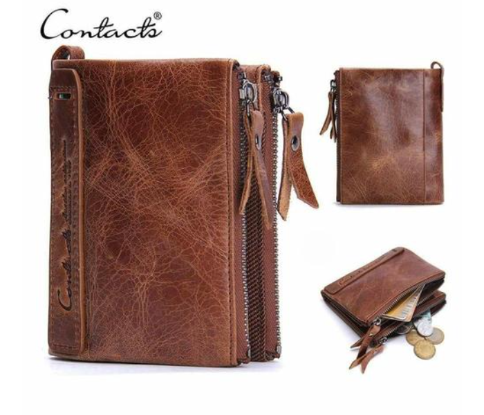 Contacts N0029 Vintage Crazy Horse Cowhide Genuine Leather Double Zipper Coin Purse -  Brown - Zoom Image 1