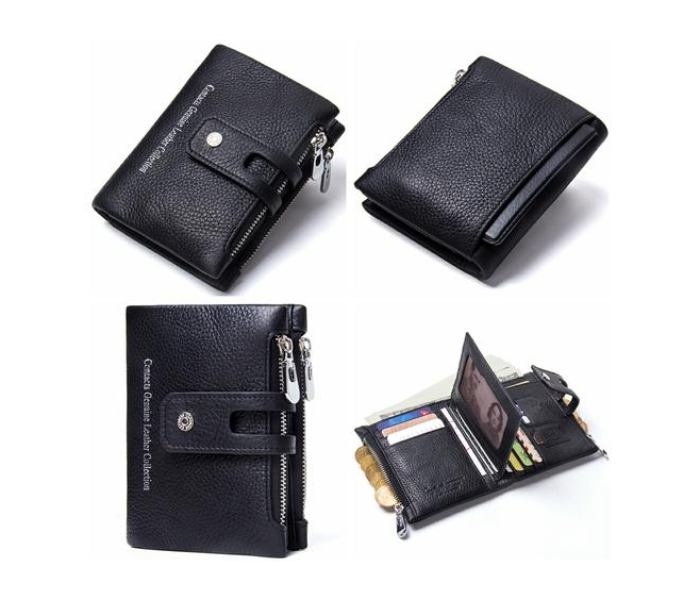 Contacts Genuine Leather Bifold Vertical Wallet with Zip Pocket for Men M1238 - Black - Zoom Image