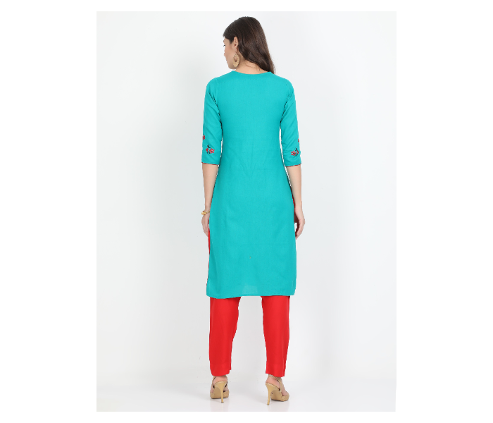 Kaia SK01LK0022SBL001 Large Blue Cotton Embroidered Top with Red Rayon Pant for Women - Zoom Image 3