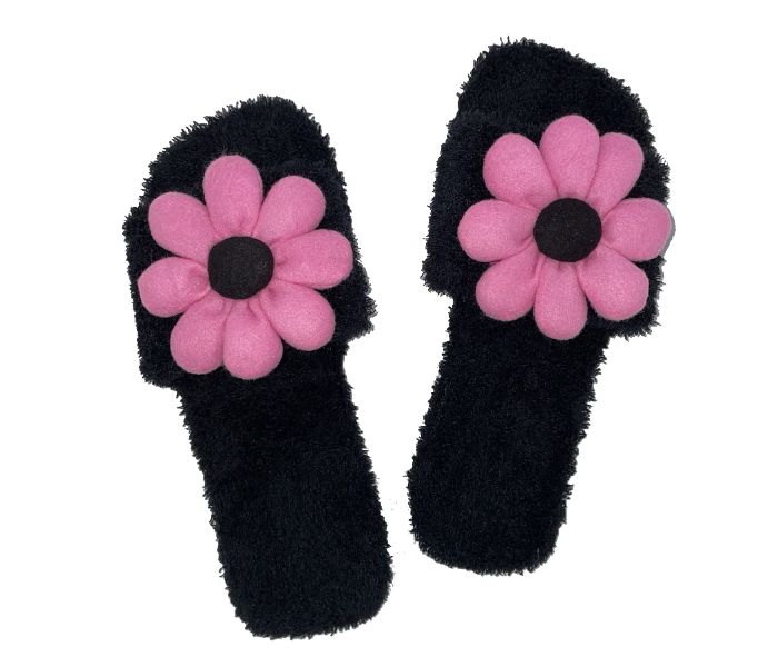 Casual LFO34 US 10 Flower Design Daily Wear Soft Flat Home Slippers for Women - Black - Zoom Image