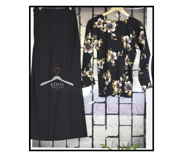 Kiwo Flower Design Top and Plain Skirt Large - Black - Zoom Image