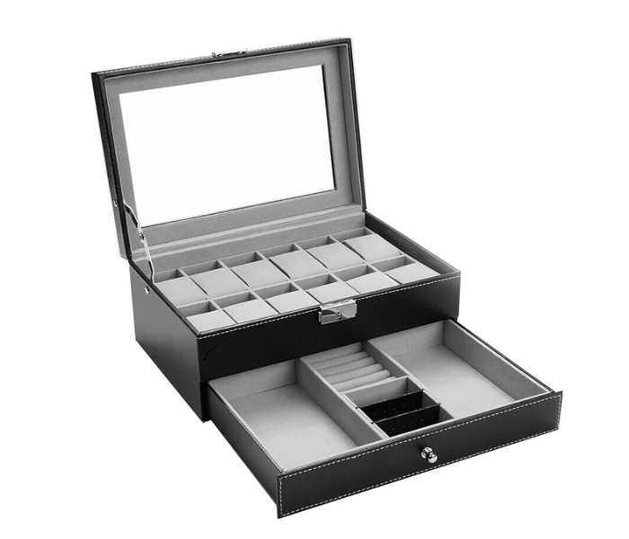 Double Layer 12 Slot Faux Leather Watch Jewelry Storage Box with Drawer Case - Black - Zoom Image 1