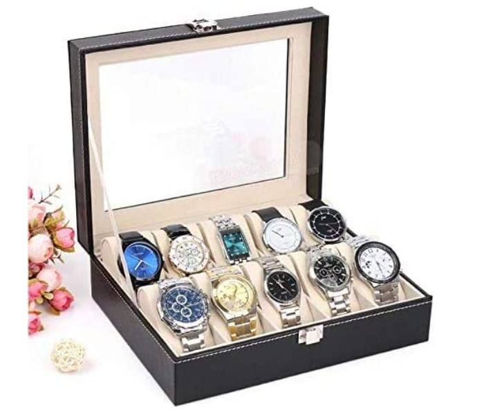 10 Slot PU Leather Watch Organizer with Glass Lid - Black - Zoom Image 2