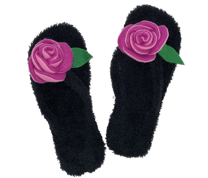 Casual LFV104 US 07 Flower Design Daily Wear Soft Flat Home Slippers for Women - Black and Pink - Zoom Image