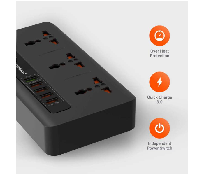 Porodo PD-5P3SQC-BK 4 USB Port 3.4A Plus 1 Quick Charge 3.0 Port with 3 Universal Power Sockets - Black - Zoom Image 5