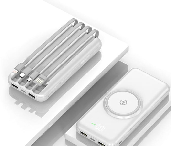 TMH 20,000mAh Qi Wireless Charger Power Bank for iPhone Samsung Xiaomi Powerbank Built-in Cable External Battery Wireless Power bank- White - Zoom Image 2