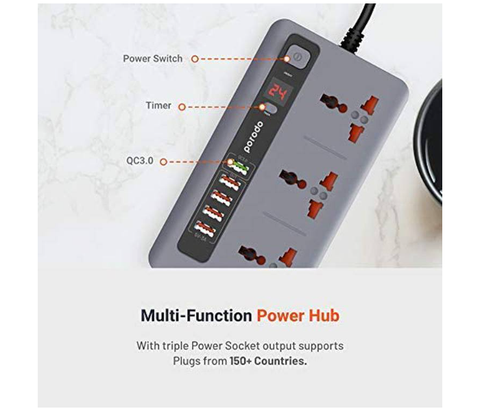 Porodo PD-5P3SQC-GY 4 USB Port 3.4A Plus 1 Quick Charge 3.0 Port with 3 Universal Power Sockets - Grey - Zoom Image 6