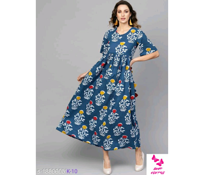 Printed Short Sleeves Large Cotton Kurti -Blue - Zoom Image 1