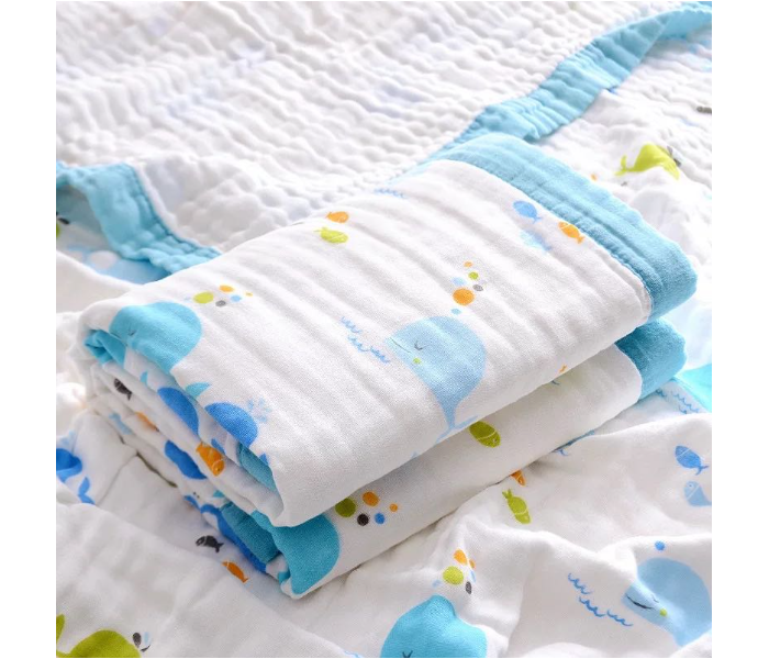 Phoenix MUSBLNK6LY 6 Layer Muslin Cotton Baby Swaddle Blanket - Light Blue Border(Whale Print) - Zoom Image 1