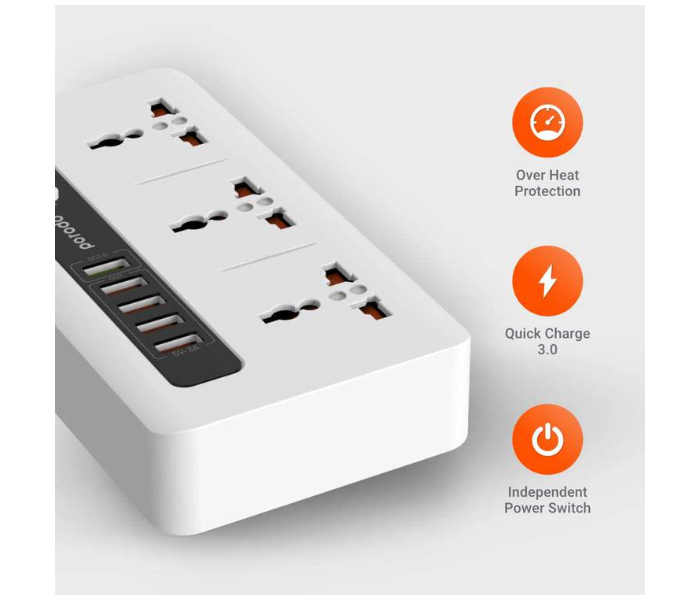 Porodo PD-5P3SQC-WH 4 USB Port 3.4A Plus 1 Quick Charge 3.0 Port with 3 Universal Power Sockets - White - Zoom Image 4