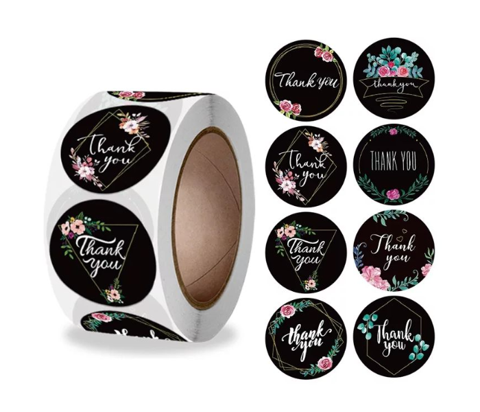 30 Pcs THANK YOU Flowers Stickers Round  - Pink, White and Black - Zoom Image 3