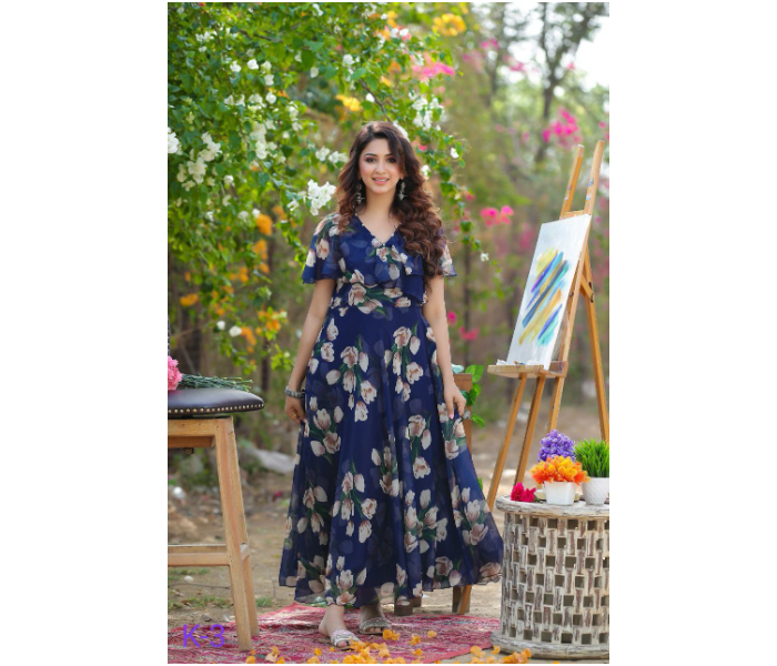 Printed Floral Fox Georgette XL Maxi -Blue - Zoom Image