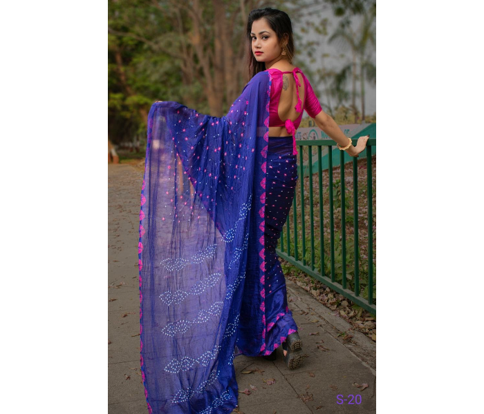 Hand Bandhej Border Saree with Blouse - Blue and Pink - Zoom Image