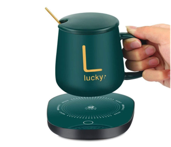 Portable Warmer Heating Cup Ceramics Mug Thermostatic Coaster Mug Mat Office Tea Coffee Milk Heater with Cup Spoon - Dark Green - Zoom Image 2