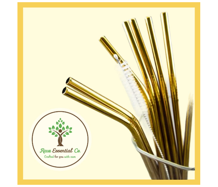 Raw Essential Co Steel Bent Straw with Straw Cleaner Brush - Gold - Zoom Image 1