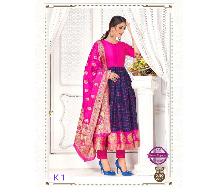 Banarasi Silk Gown With Banarasl Dupatta - Blue and Pink - Zoom Image