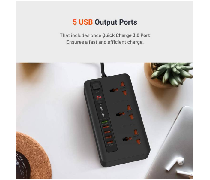 Porodo PD-5P3SQC-BK 4 USB Port 3.4A Plus 1 Quick Charge 3.0 Port with 3 Universal Power Sockets - Black - Zoom Image 6