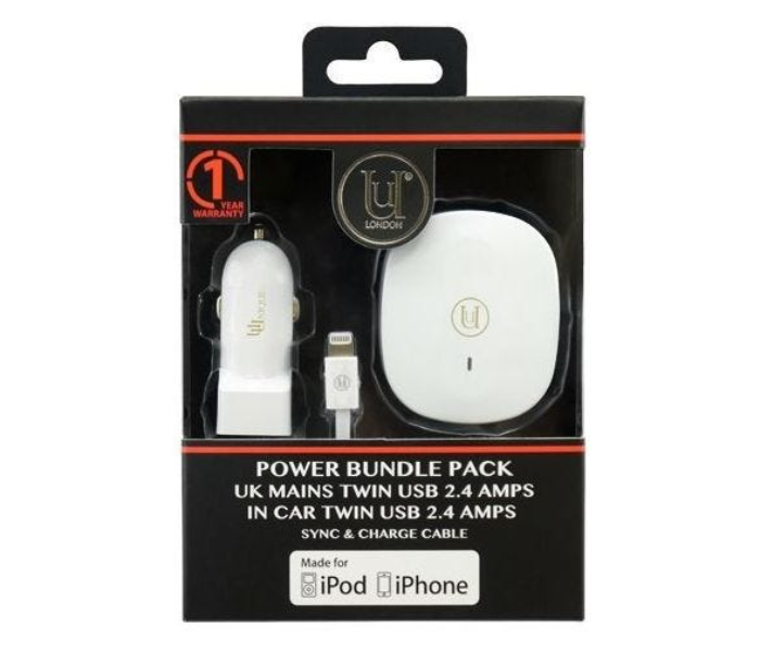 Uunique London UUOOSMCICC2W Dual USB Bundle Pack with Main Charger and Car Charger - White - Zoom Image 1