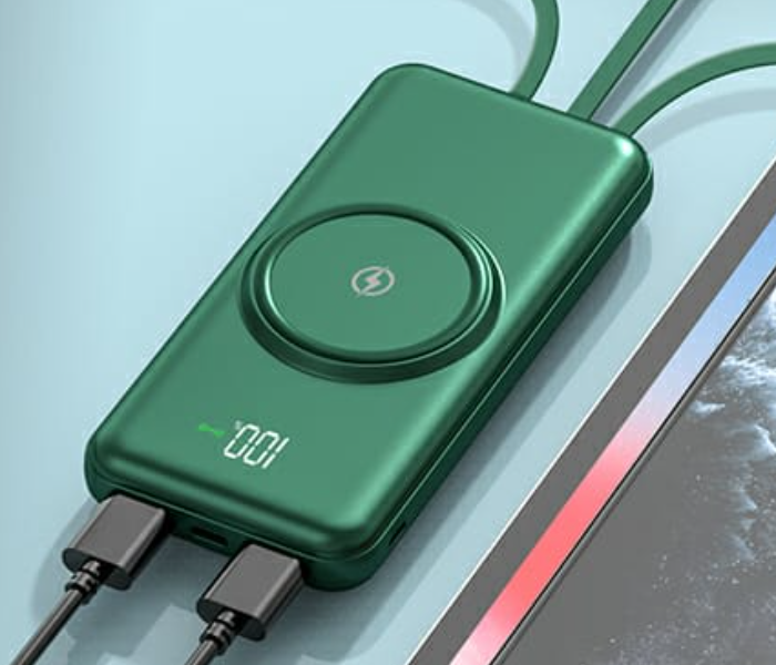 TMH 20,000mAh Qi Wireless Charger Power Bank for iPhone Samsung Xiaomi Powerbank Built-in Cable External Battery Wireless Power bank- Green - Zoom Image 5