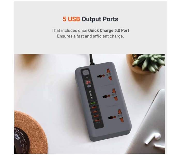 Porodo PD-5P3SQC-GY 4 USB Port 3.4A Plus 1 Quick Charge 3.0 Port with 3 Universal Power Sockets - Grey - Zoom Image 7